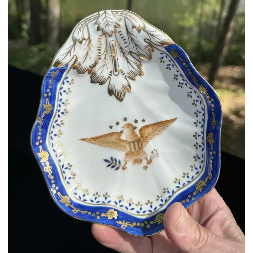 Andrea by Sadek Bowl American Eagle Gold White Blue Trim Ceramic Scalloped -A50